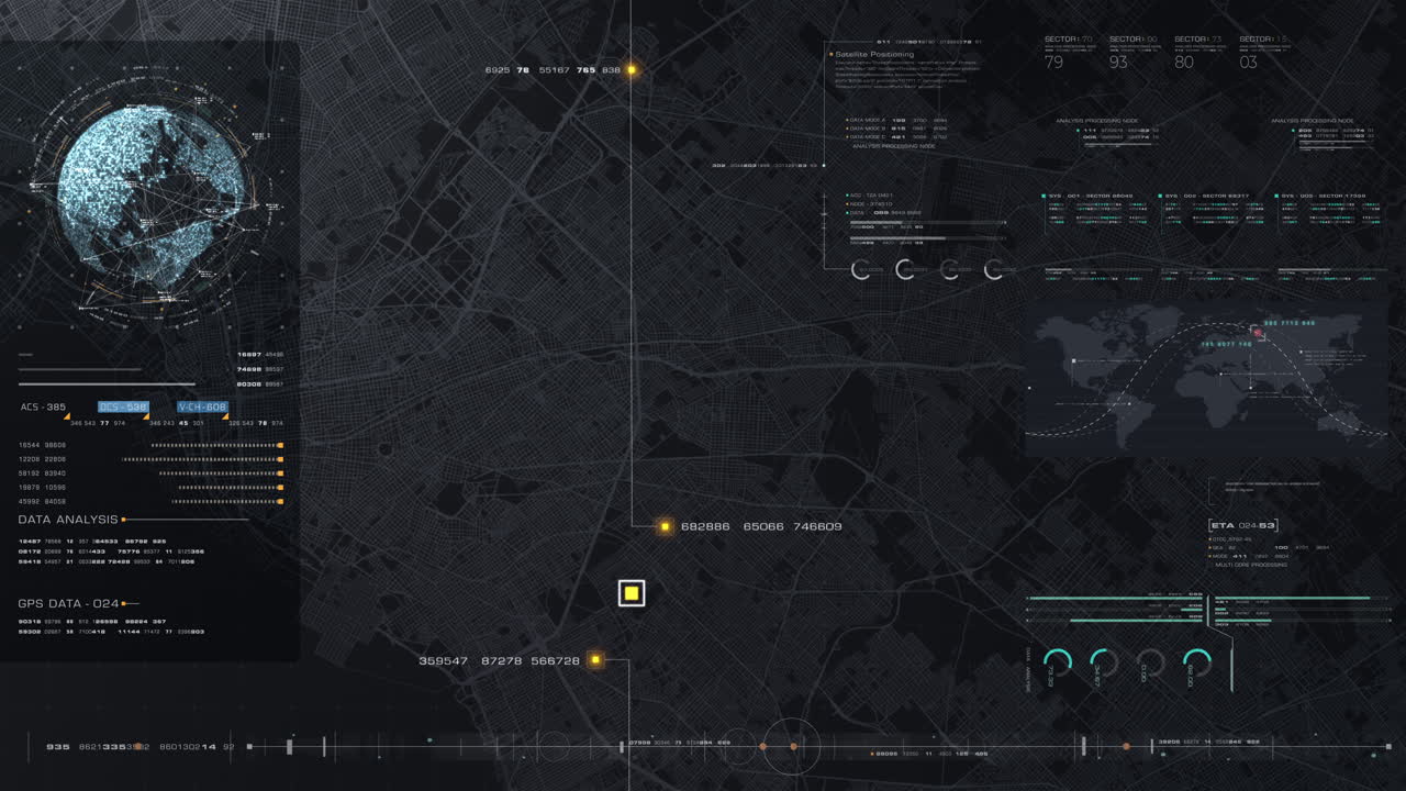 Futuristic digital city map layout with satellite GPS coordinate searching and target tracking, interface head up display screen with data telemetry information for background display