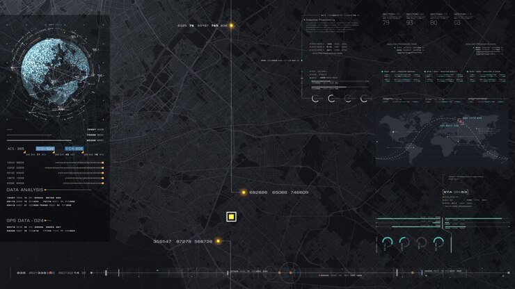 Futuristic digital city map layout with satellite GPS coordinate searching and target tracking, interface head up display screen with data telemetry information for background display