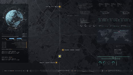 Futuristic digital city map layout with satellite GPS coordinate searching and target tracking, interface head up display screen with data telemetry information for background display