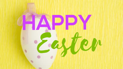 animation of happy easter text over decorated easter egg on yellow background