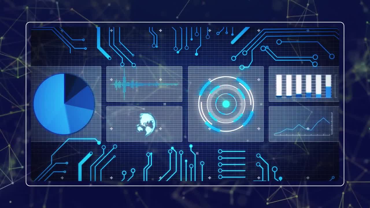 Animation of data processing over network of connections on black background