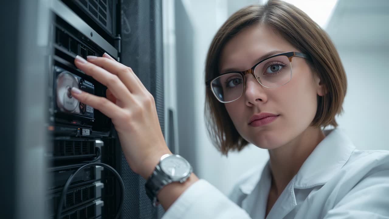 Reaching tech adjusting drive checking alignment in rack aisle, wearing white coat, glasses, watch