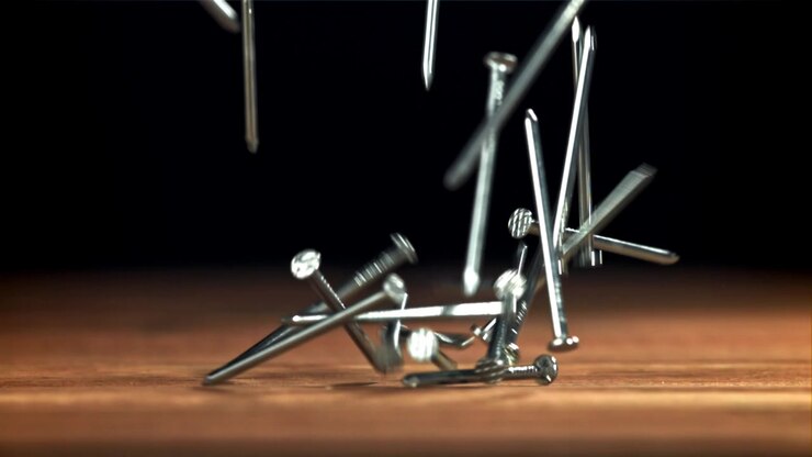 Shiny Metal Nails Falling onto a Wooden Surface in Slow Motion