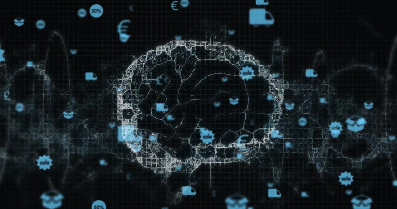Animation of network of connections with icons over digital brain on black background