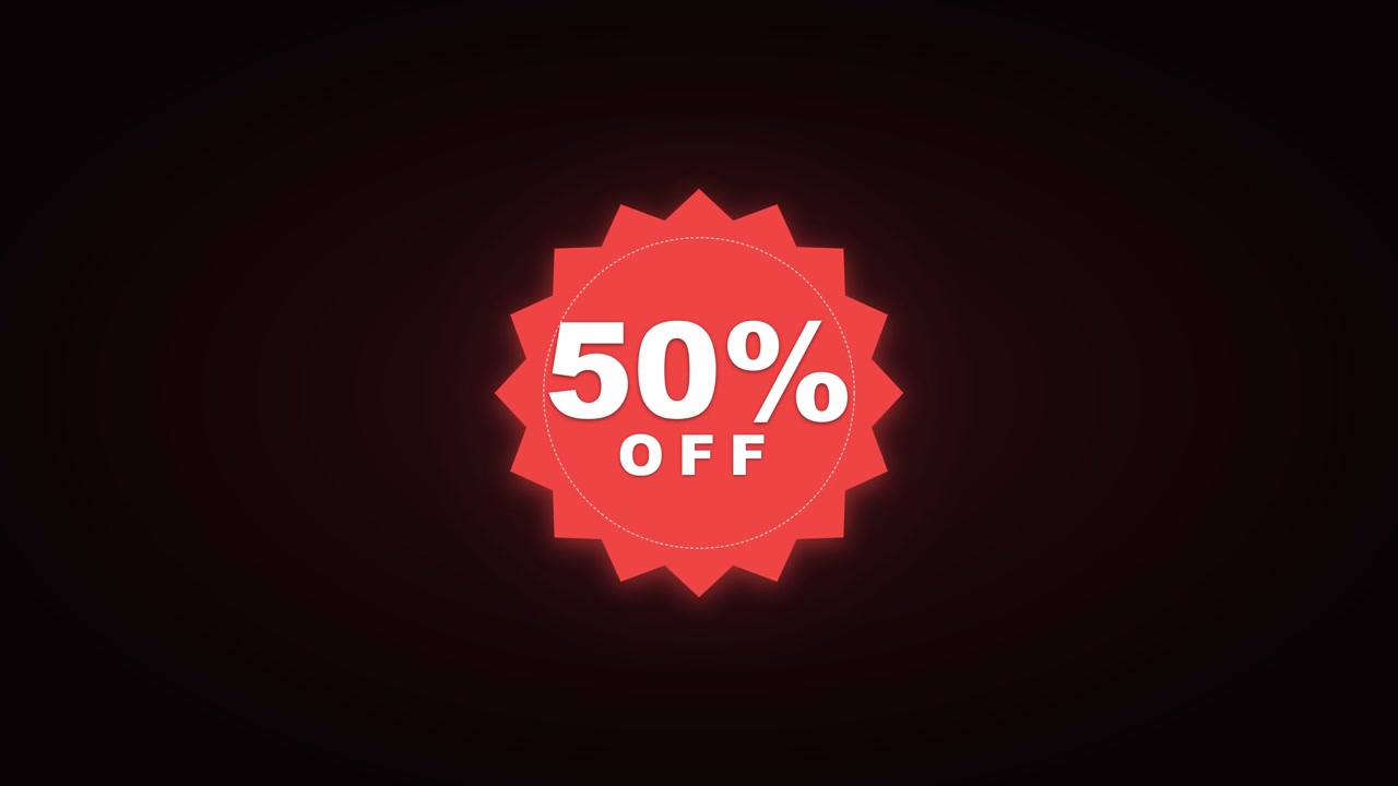Animazione di badge promozionale rosso con sconto del 50%