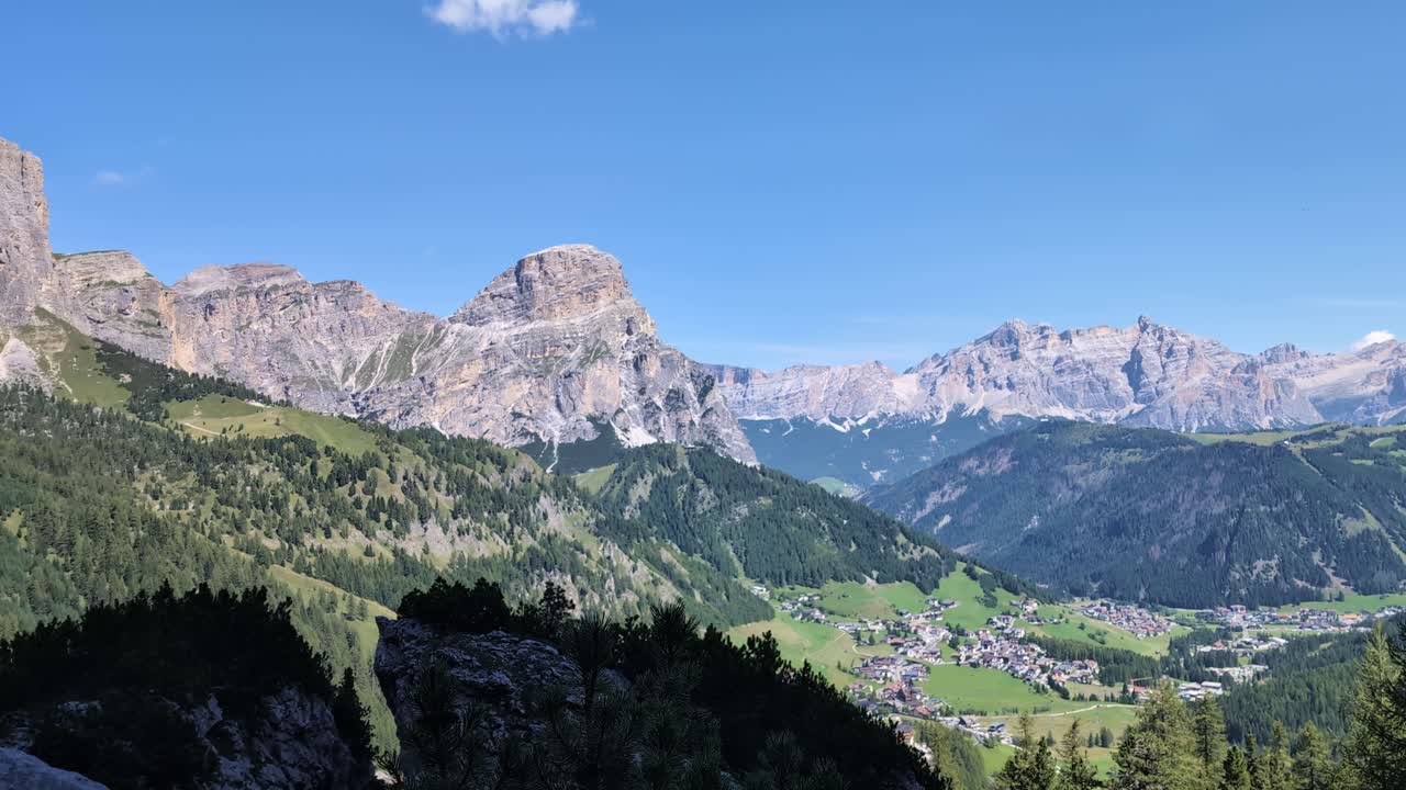 Dolomites mountain valley panorama, pan right