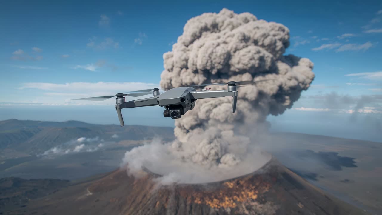 Hovering drone holding position as eruption intensifies, recording at volcano with mushroom ash cap
