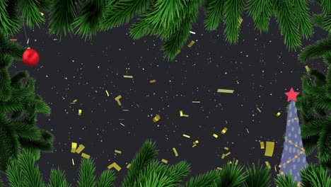 Animation-Von-Tannenbäumen-Und-Weihnachtsdekorationen-über-Fallendem-Schnee