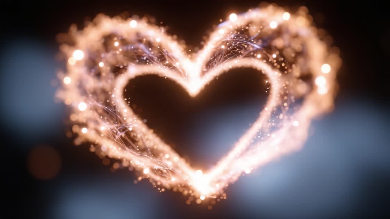 Una straordinaria rappresentazione visiva di una forma a cuore scintillante realizzata con particelle luccicanti, che brillano su uno sfondo tenue, creando un'atmosfera incantevole di amore