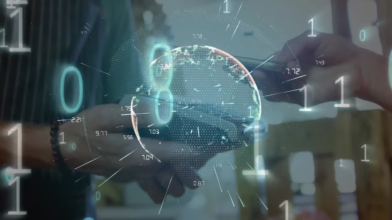 Animation of binary coding globe of network of connections over woman making contactless payment wit