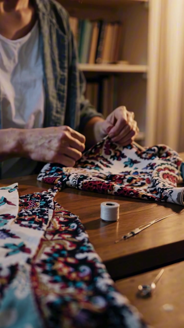 Person Hand Sewing Colorful Fabric in a Workshop