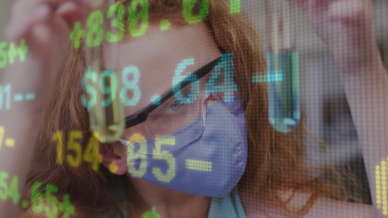 animación de una interfaz digital que muestra estadísticas con un científico comparando fluidos con máscaras faciales