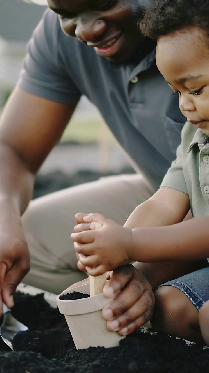 Vertical video: Picking spade, dad in grey guiding kid pressing stick in pot preparing soil in yard