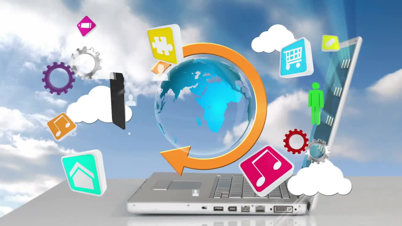 animación de una mujer de negocios caucásica usando una computadora portátil con iconos de medios