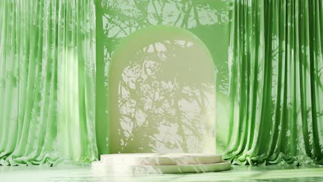 Empty-white-podium-with-arch-on-green-floor-and-draped-curtains,-with-tree-shadows