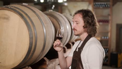 authentic shot of successful male sommelier is tasting a flavor and checking white wine quality poured in transparent glass in a wine cellar.