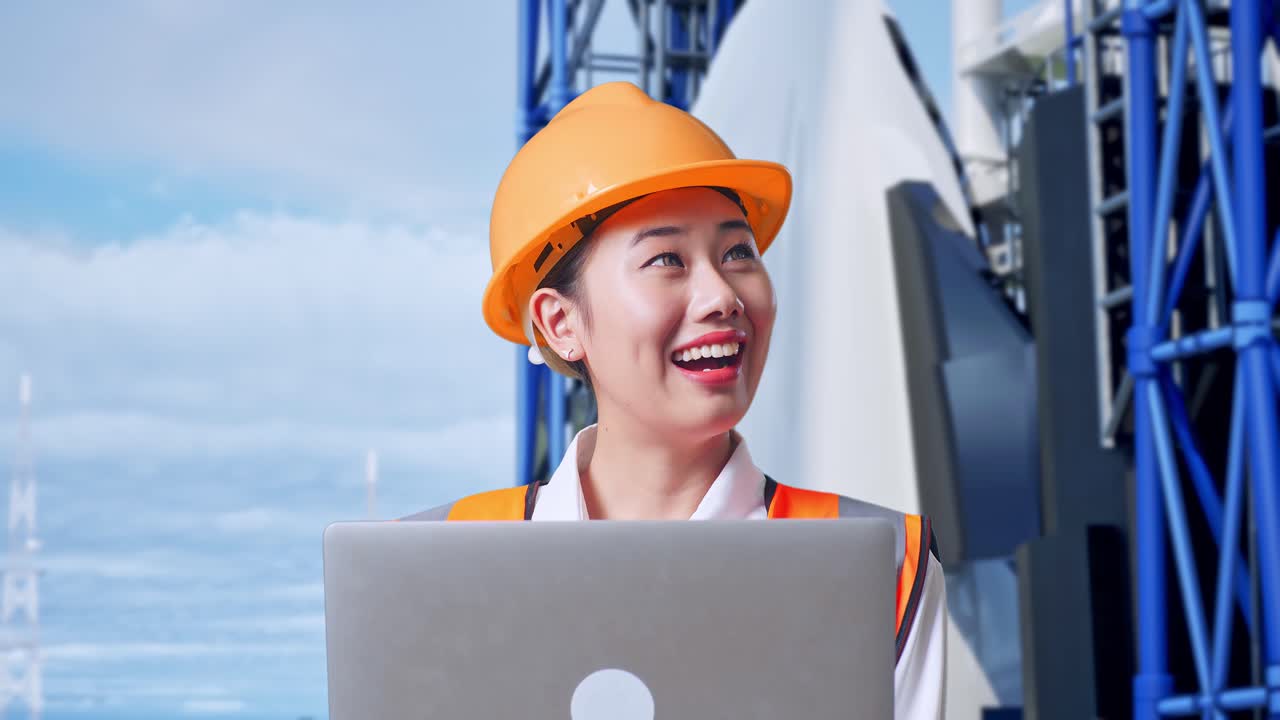 안전 헬을 입은 아시아 여성 엔지니어가 노트북에서 작업하고 우주왕복선과 함께 서 있는 동안 주변을 둘러보고 있습니다.