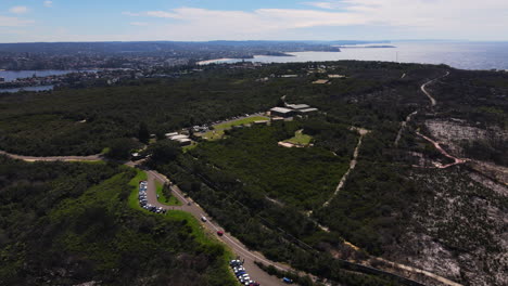 Hoher-Drohnenschuss-über-Dichtem-Parkbuschland-Mit-Meer-Und-Vororten-Auf-Der-Landzunge-Im-Hintergrund-In-Australien