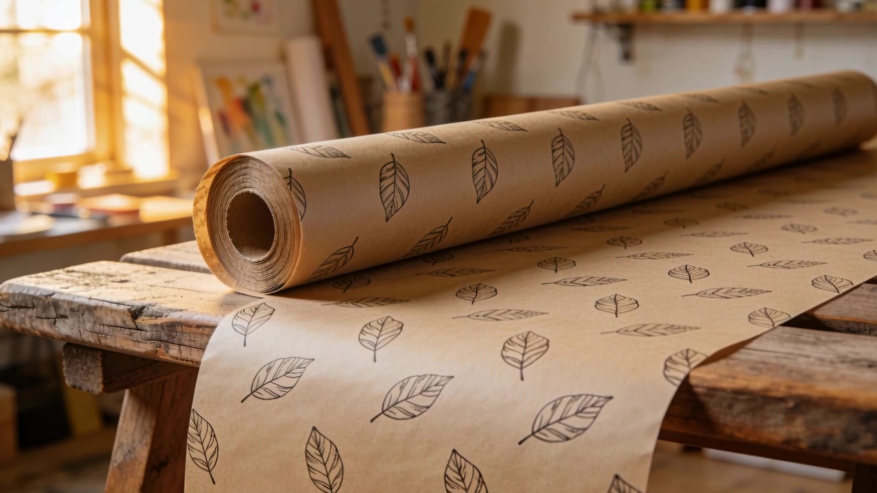 Unrolling leaf-patterned kraft paper roll, slow turn showing sheet on workbench for wrapping