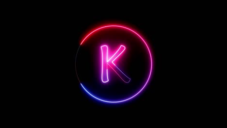 glowing neon font. blue, pink and red color glowing neon letter. glowing neon line in a circular path around the k alphabet.