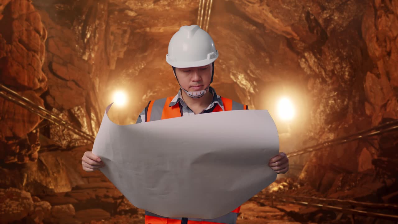 Asian Male Engineer With Safety Helmet Looking At Blueprint In His Hands And Looking Around While Standing In Underground Mine Tunnel