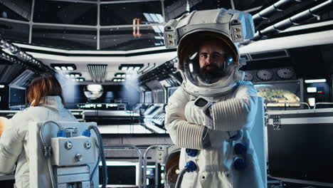 portrait of astronaut wearing helmet before stepping out of space station