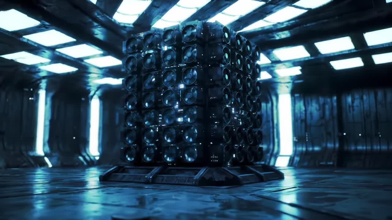 In a high-tech research facility, a complex power storage unit stands illuminated by blue lights.
