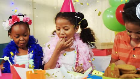 Animation-of-confetti-falling-over-diverse-children-with-party-hats-at-birthday-party