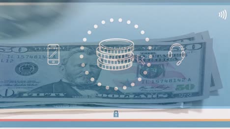 animación de billetes de dólares estadounidenses e iconos de pago en línea