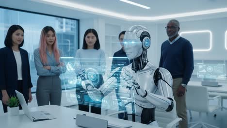 a futuristic scenario where a humanoid robot interacts with an engaged group of observers in a modern workspace, showcasing advanced technology and artificial intelligence