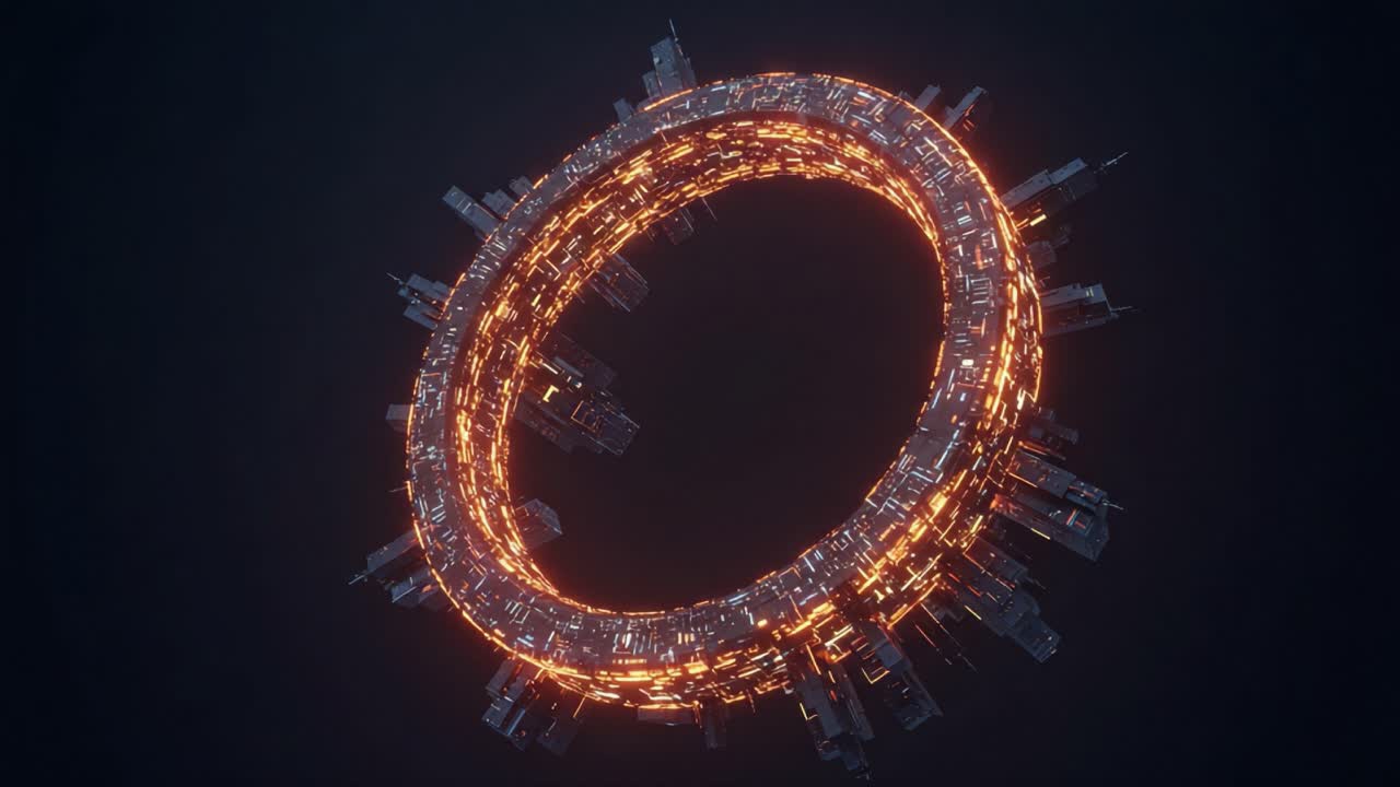 Stunning Sci-Fi Concept Featuring a Futuristic Circular Structure with Illuminated Cityscape Embedded Along the Edges, Surrounded by a Dark Background