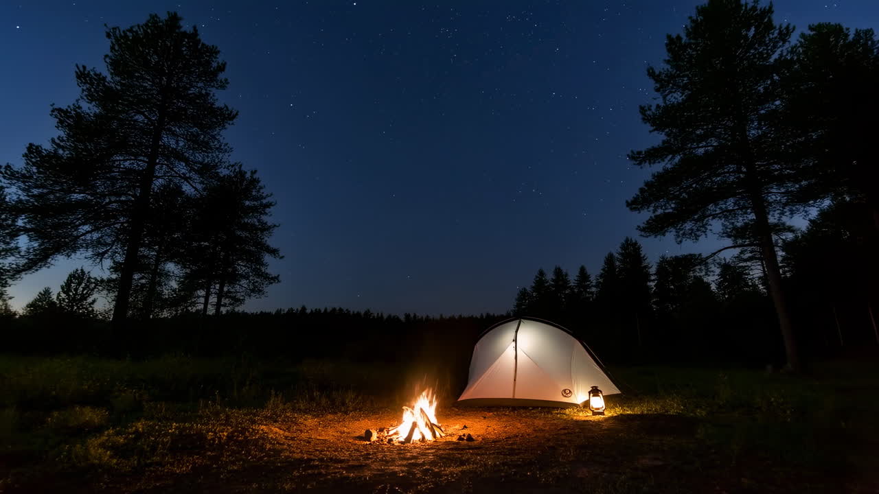 Natcampingplads med telt og lejrbål under stjernehimmel ved siden af fyrreskov, lanternelys oplyser teltet.