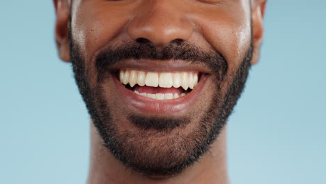 smile, closeup and black man with teeth in studio