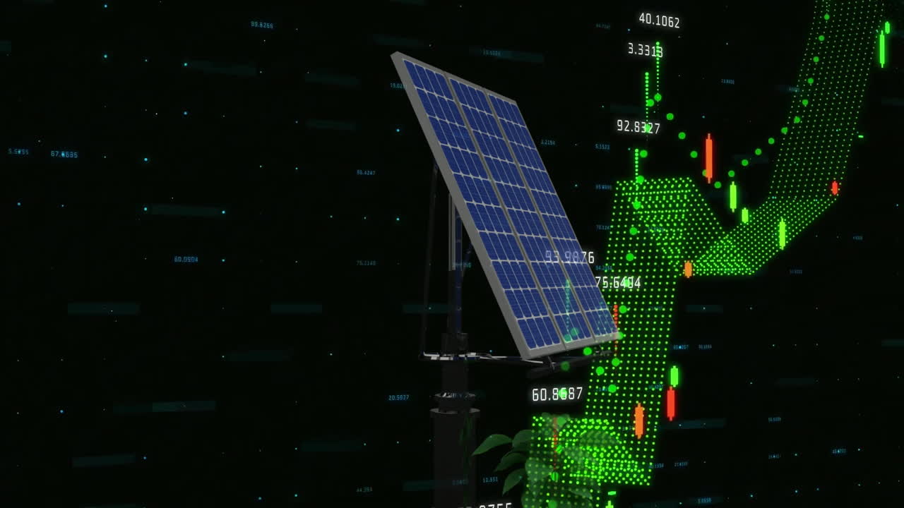Animation of financial data processing over solar panels