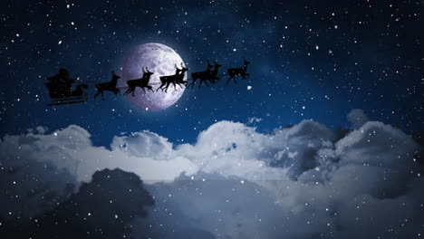 animation of santa claus in sleigh with reindeer over winter scenery with snow falling