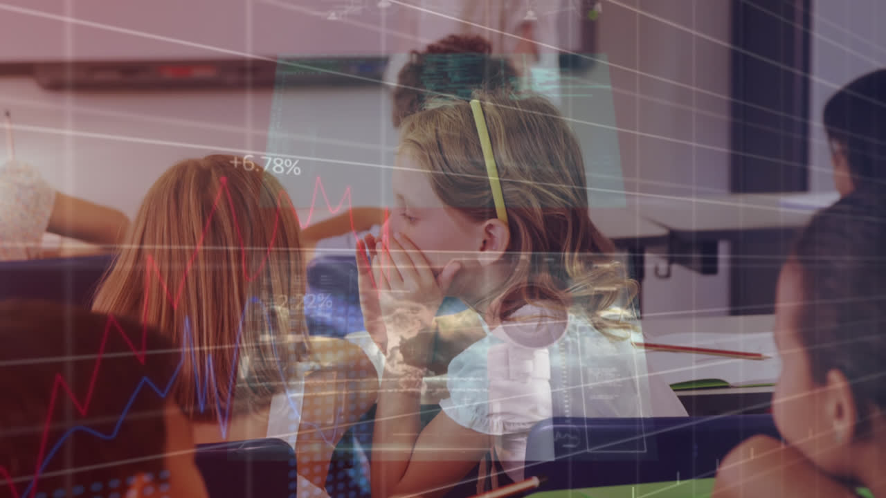 학교에서 다른 소녀의 귀에 속삭이는 백인 소녀에 대한 통계 데이터 처리