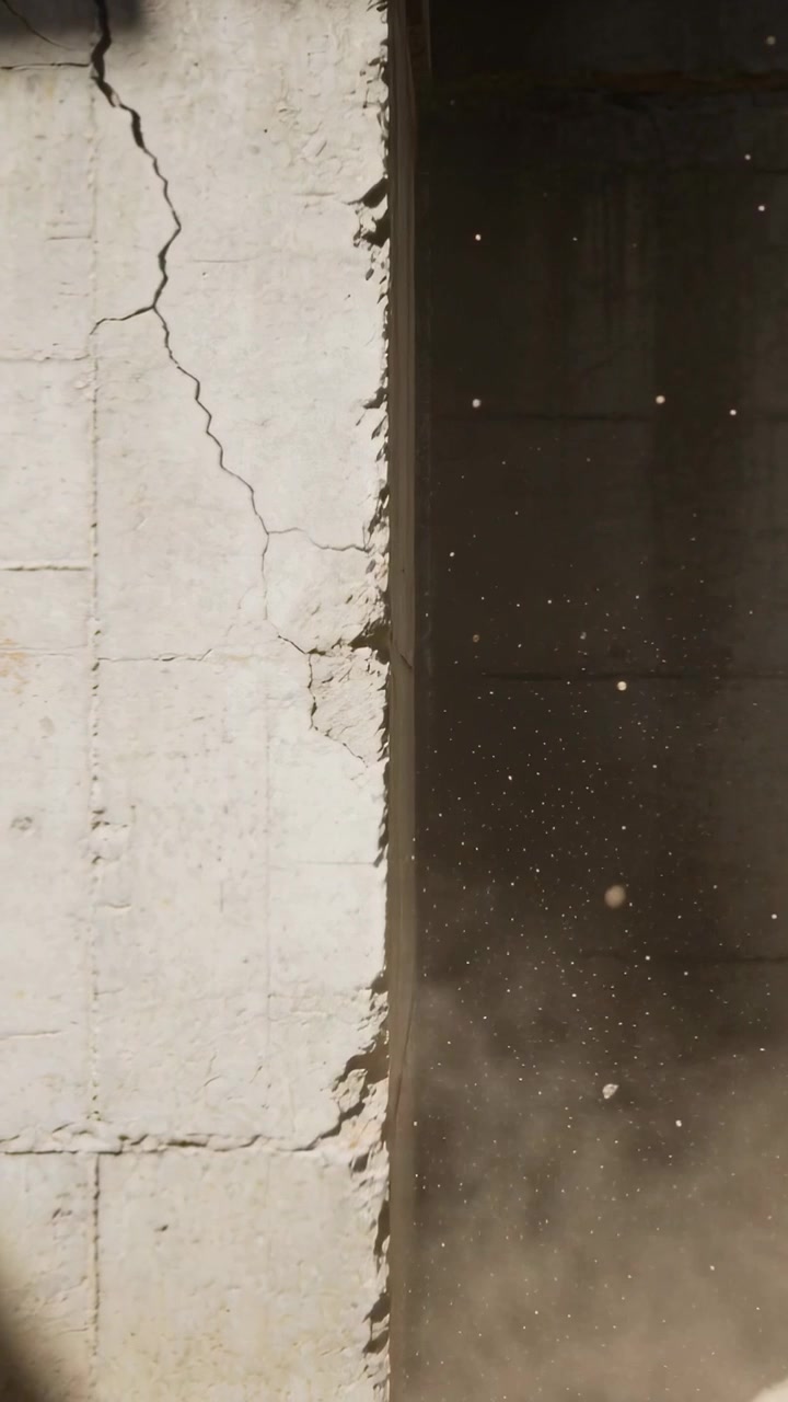 Video verticale: Rilascio di un bordo di cemento che solleva polvere verso l'alto da una corrente d'aria in un recesso buio, spazio per il testo