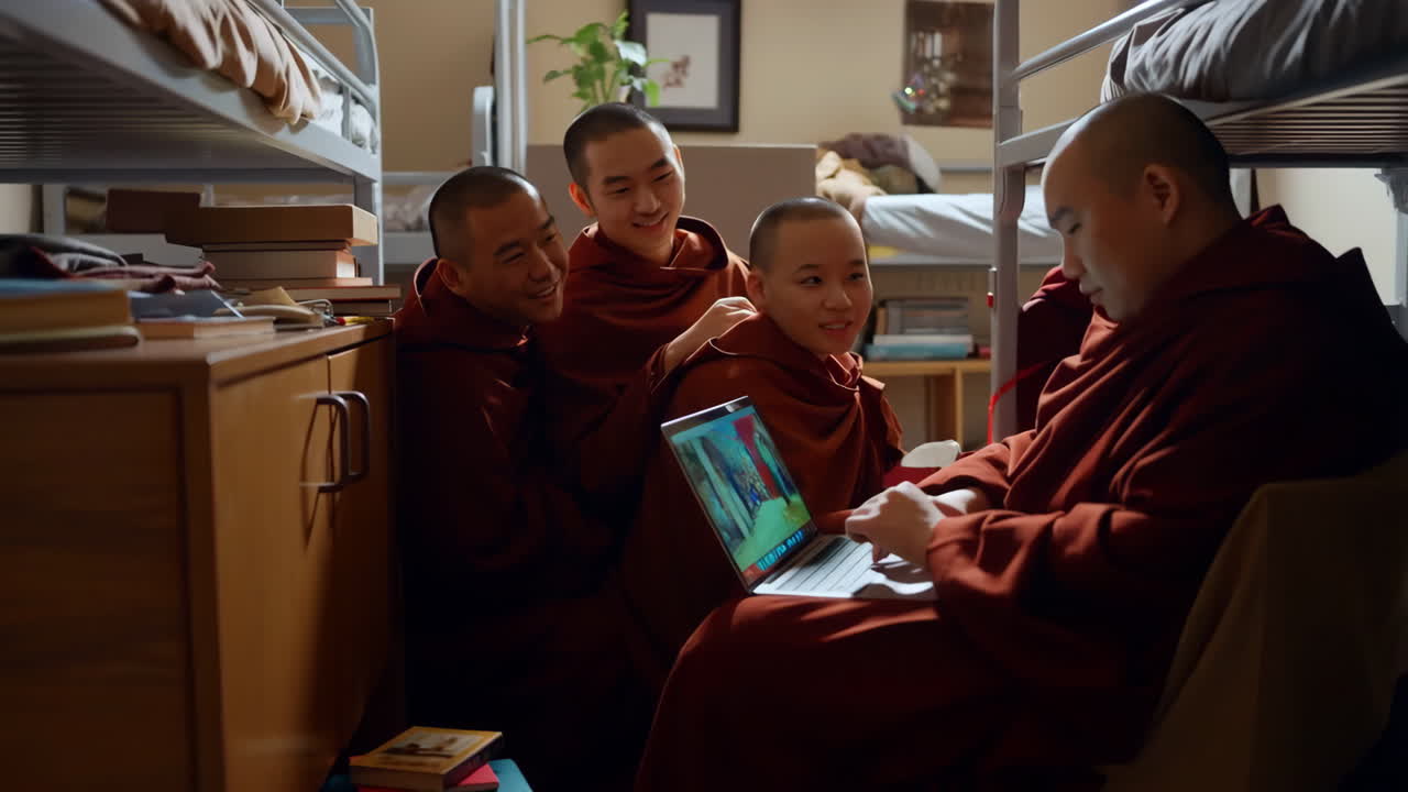 Buddhist monks using a laptop in a dorm room