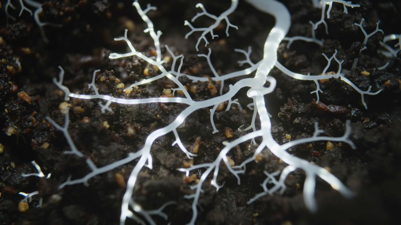 Spreading translucent mycelium colonizing potting soil while main runner entering upper-right