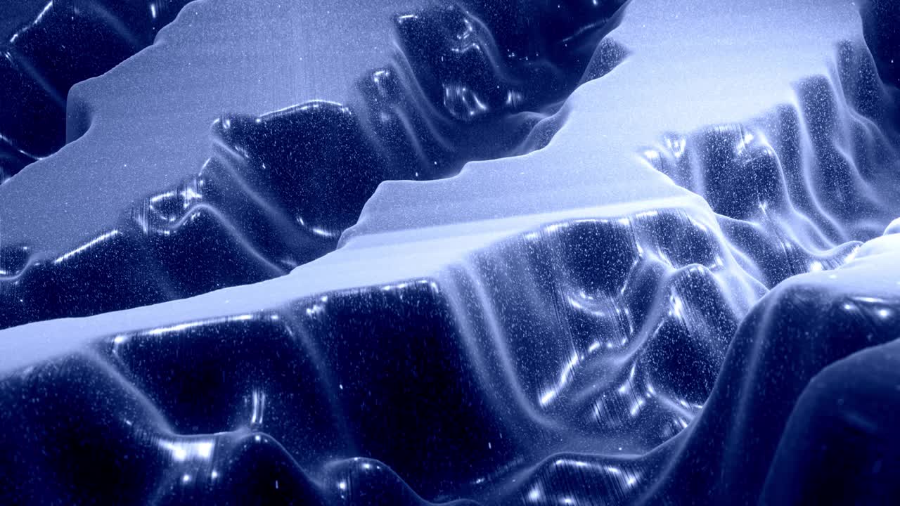 Stylish festive black bg. Fantastical abstract looped background, waves move on glossy surface like landscape made of liquid blue wax with sparkles. Beautiful soft background with smooth animation 4k