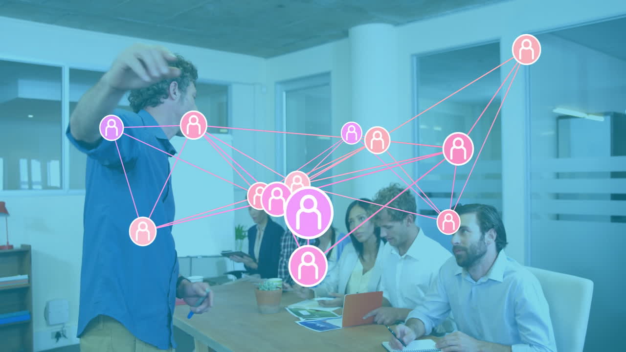 Discussing business meeting with network connections animation overlaying diverse team
