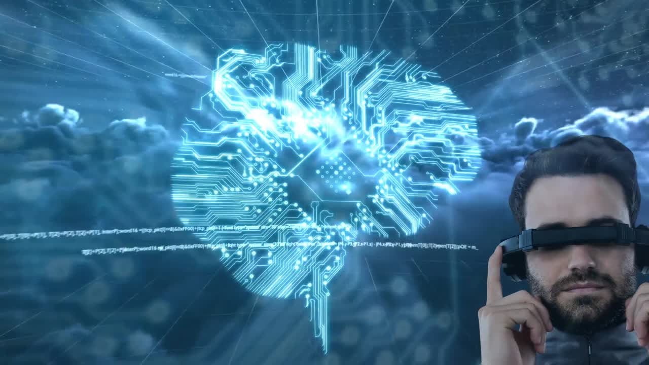 hombre caucásico con gafas vr sobre conexiones de microprocesador que forman un cerebro y procesamiento de datos
