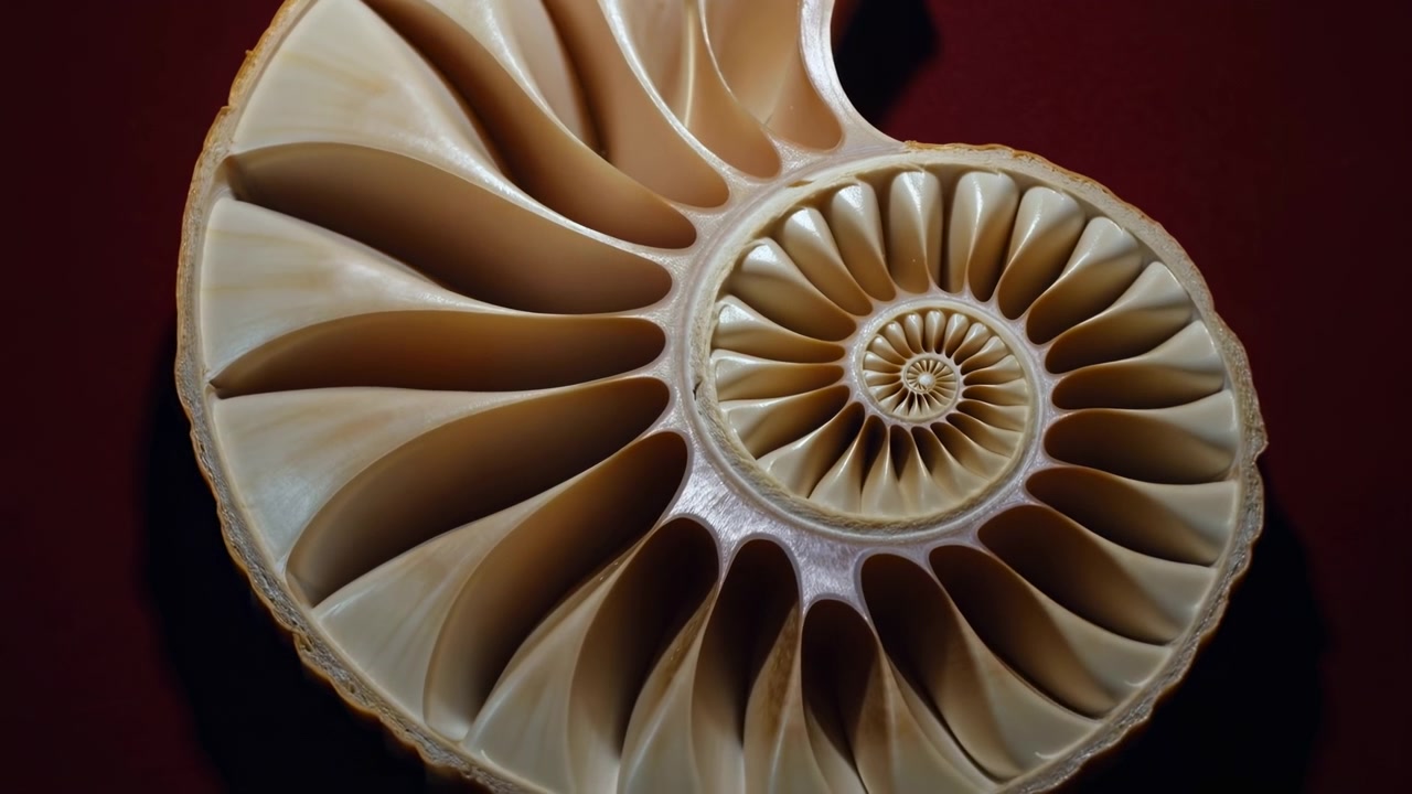 Visão macro detalhada de concha de náutilo-câmara seccionada transversalmente, mostrando espiral interna com câmaras côncavas repetidas e septos radiais finos que progridem de grandes espirais externas para firmemente enroladas.