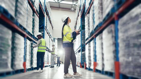 personas, tabletas y logística en almacenamiento