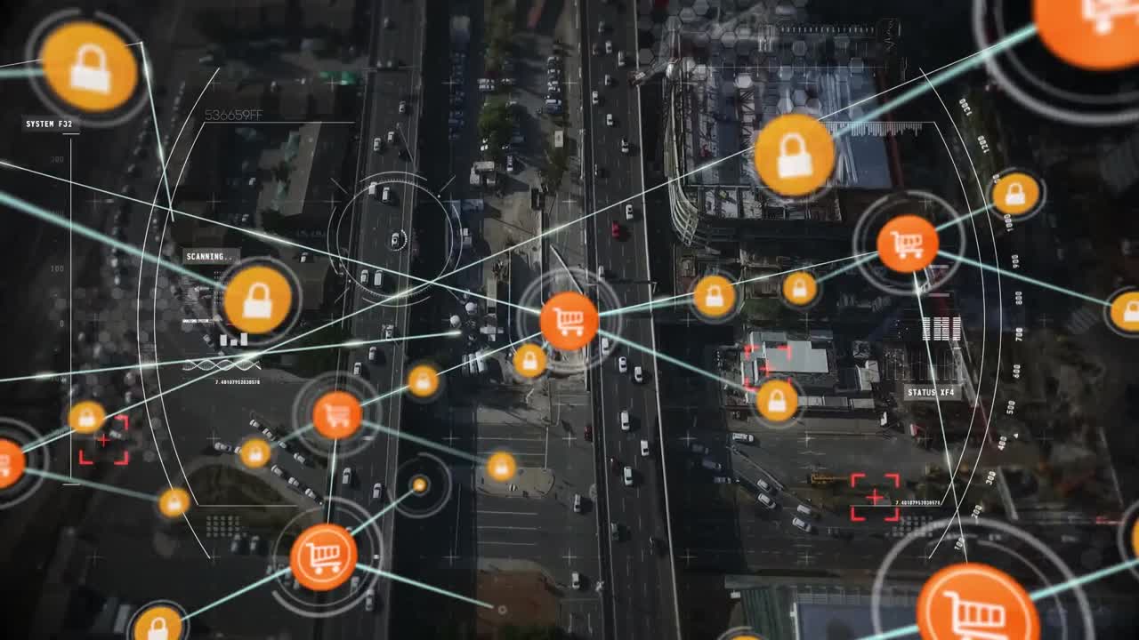 animación de la red de conexiones y escaneo de alcance sobre el paisaje urbano