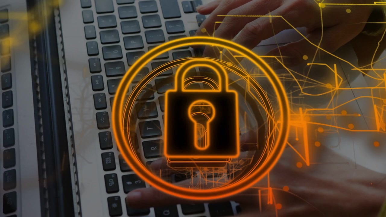 Woman typing over laptop keys initiating orange padlock and expanding UI rings enhancing security