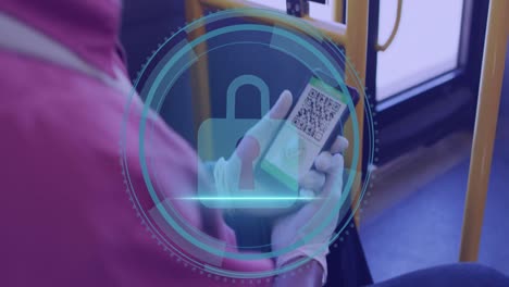 animation of scope scanning with padlock over african american businessman using smartphone in bus