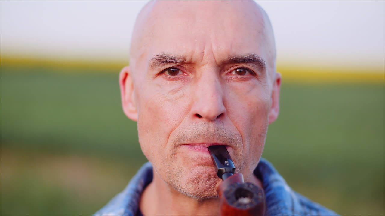 granjero calvo contento fumando su pipa en el campo 3
