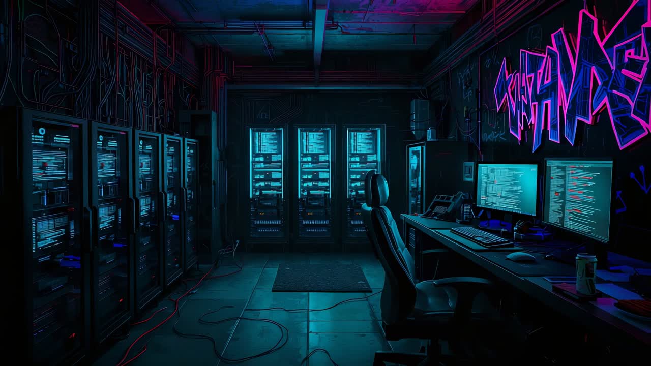 Server racks humming with processing in neon lit basement with neon graffiti and cables