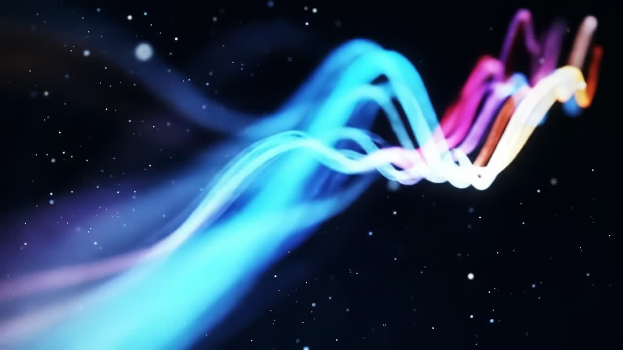 Bright, colorful light waves flow rapidly through a dark, cosmic space, creating an energetic and mesmerizing visual effect. The vibrant colors blend seamlessly, evoking a sense of movement.